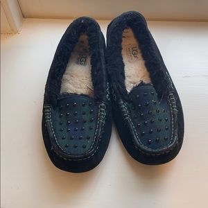 UGG green/blue plaid slipper with black studs